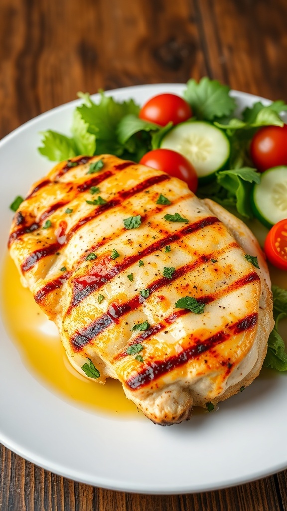 Grilled chicken breast on a plate with salad, garnished with herbs.